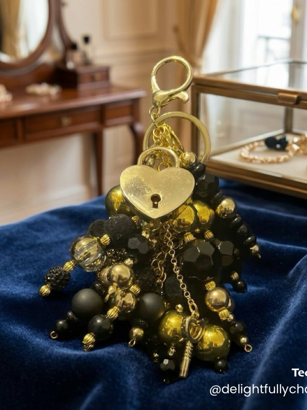 Gold & Black Heart Lock Beaded Key Charm